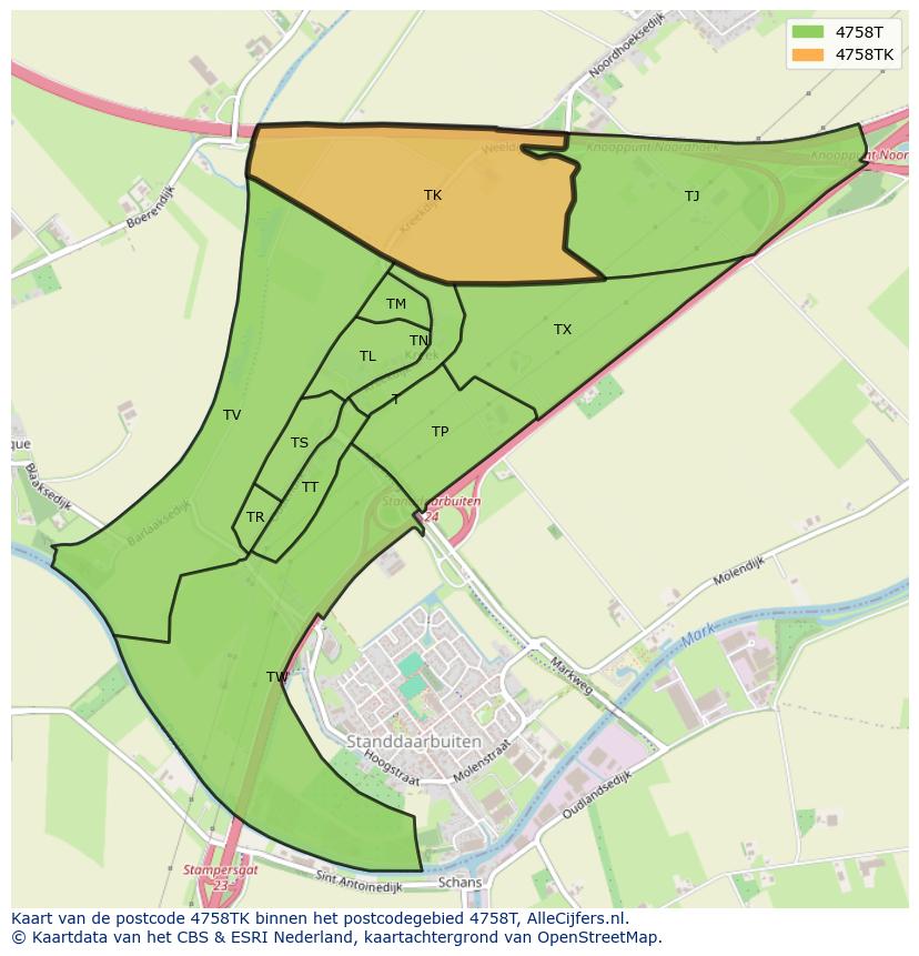 Afbeelding van het postcodegebied 4758 TK op de kaart.