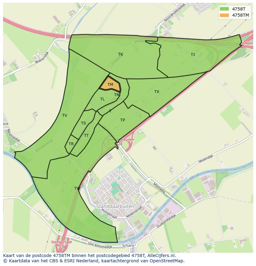 Afbeelding van het postcodegebied 4758 TM op de kaart.