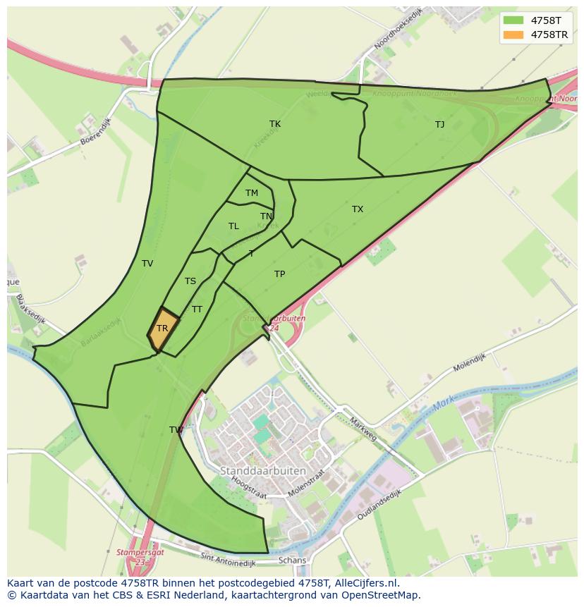 Afbeelding van het postcodegebied 4758 TR op de kaart.