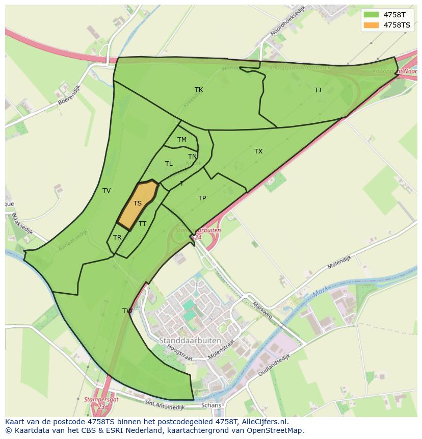 Afbeelding van het postcodegebied 4758 TS op de kaart.