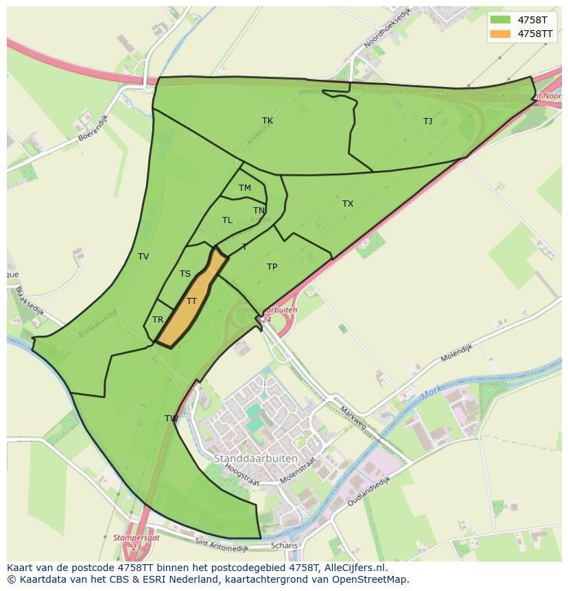 Afbeelding van het postcodegebied 4758 TT op de kaart.