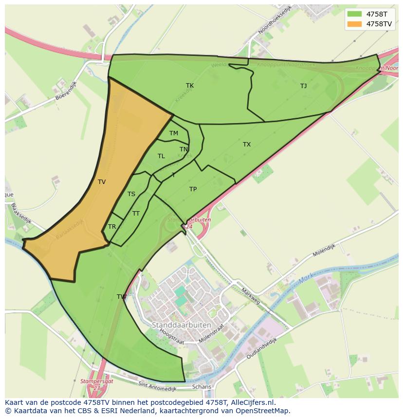 Afbeelding van het postcodegebied 4758 TV op de kaart.
