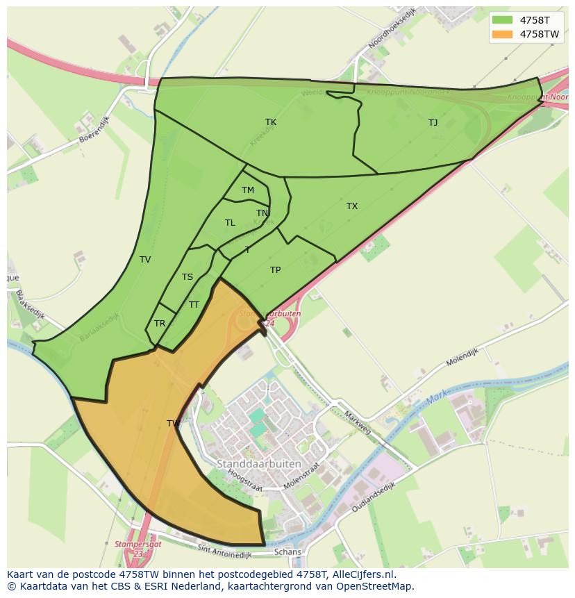 Afbeelding van het postcodegebied 4758 TW op de kaart.