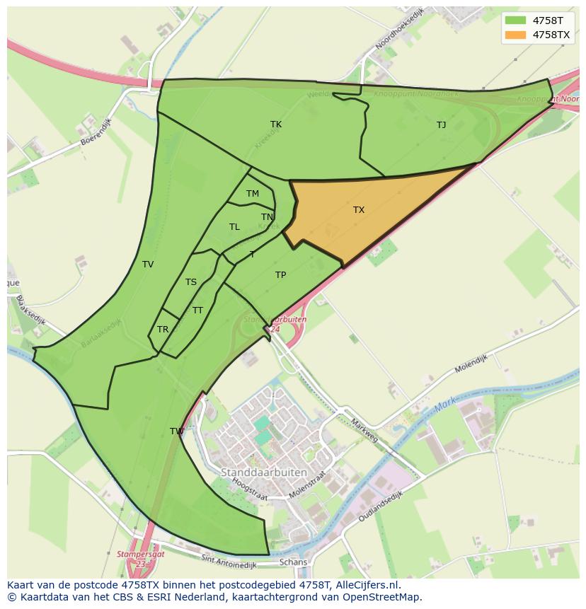 Afbeelding van het postcodegebied 4758 TX op de kaart.