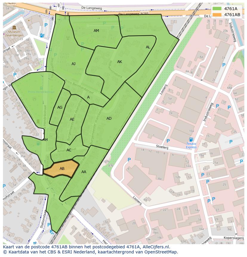 Afbeelding van het postcodegebied 4761 AB op de kaart.