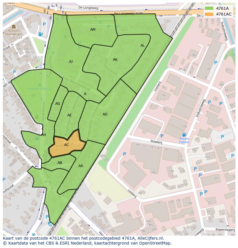 Afbeelding van het postcodegebied 4761 AC op de kaart.