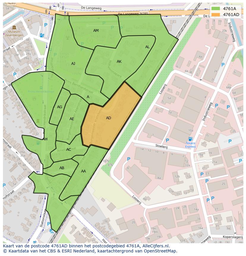 Afbeelding van het postcodegebied 4761 AD op de kaart.