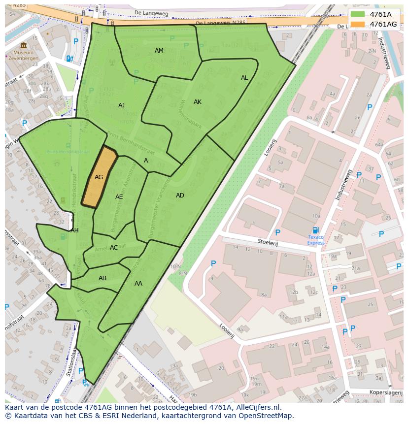 Afbeelding van het postcodegebied 4761 AG op de kaart.