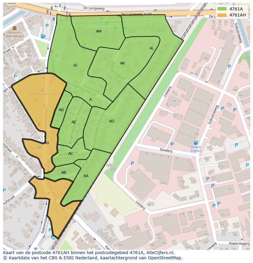Afbeelding van het postcodegebied 4761 AH op de kaart.