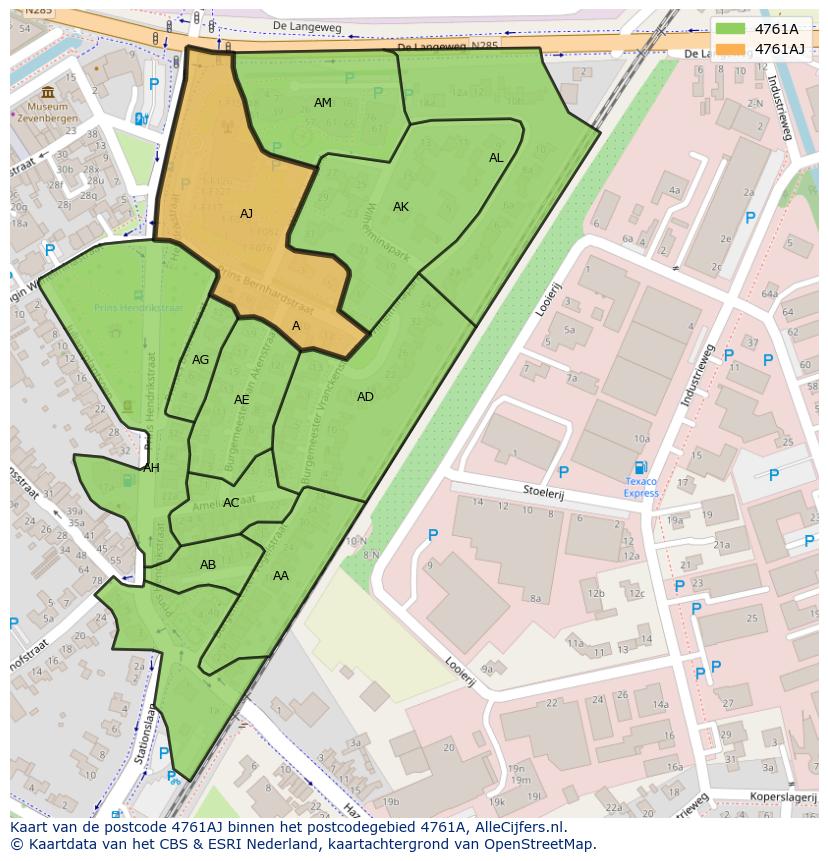 Afbeelding van het postcodegebied 4761 AJ op de kaart.