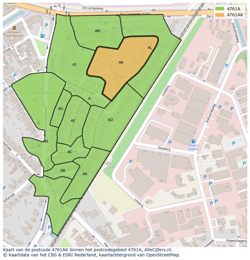 Afbeelding van het postcodegebied 4761 AK op de kaart.