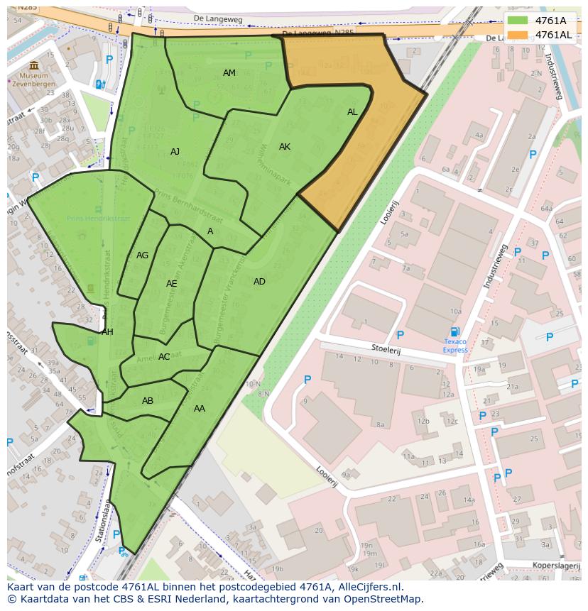 Afbeelding van het postcodegebied 4761 AL op de kaart.