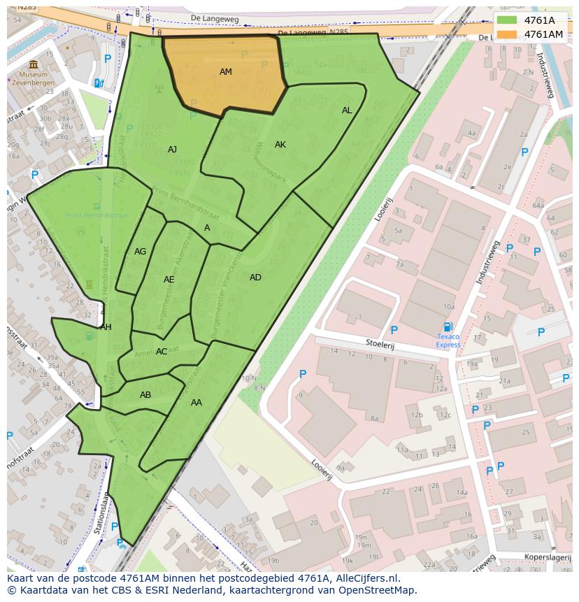 Afbeelding van het postcodegebied 4761 AM op de kaart.