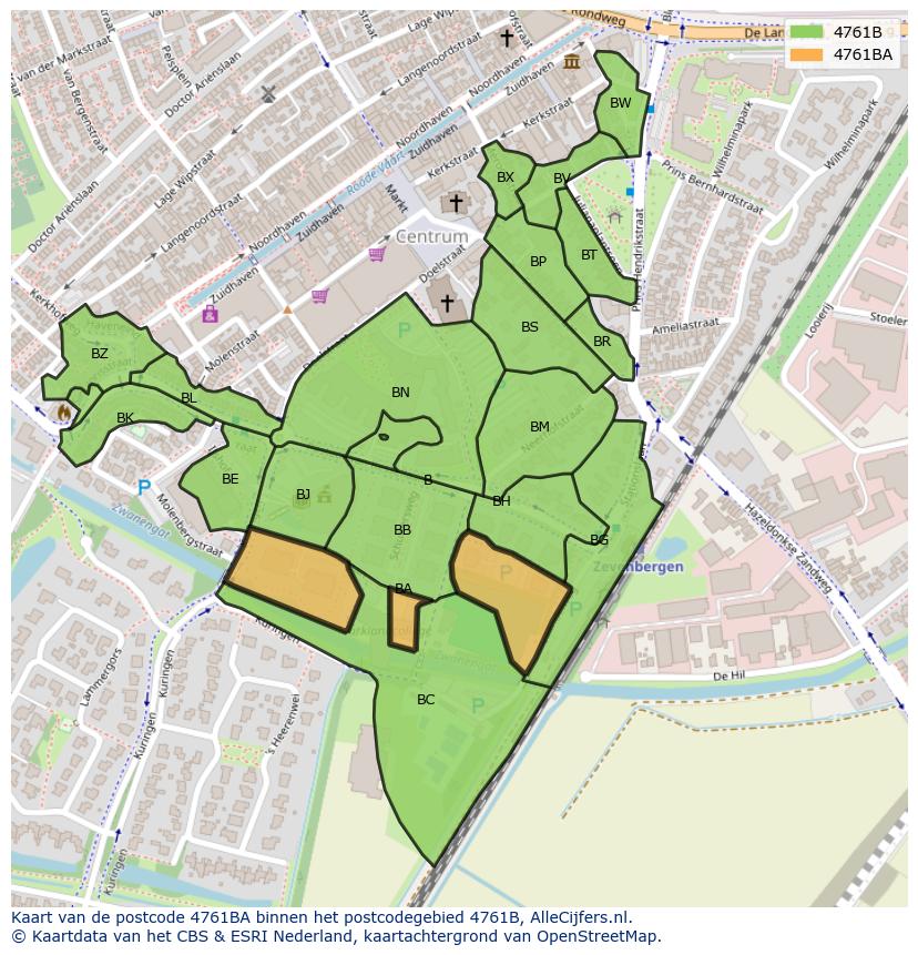 Afbeelding van het postcodegebied 4761 BA op de kaart.