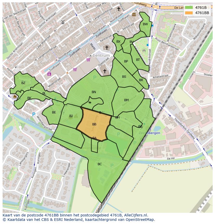 Afbeelding van het postcodegebied 4761 BB op de kaart.