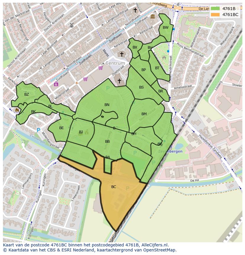 Afbeelding van het postcodegebied 4761 BC op de kaart.