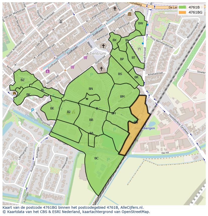 Afbeelding van het postcodegebied 4761 BG op de kaart.