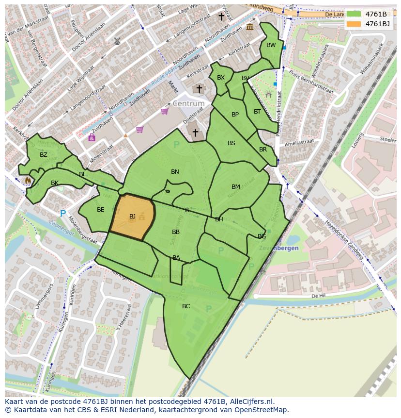 Afbeelding van het postcodegebied 4761 BJ op de kaart.