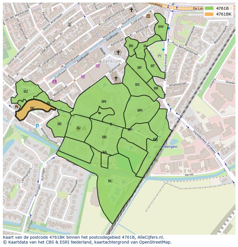 Afbeelding van het postcodegebied 4761 BK op de kaart.