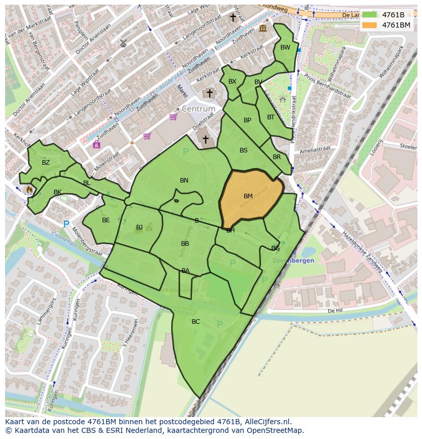 Afbeelding van het postcodegebied 4761 BM op de kaart.