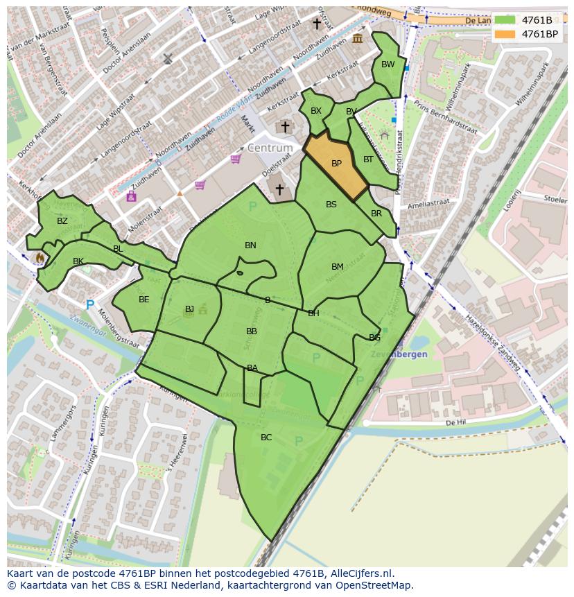 Afbeelding van het postcodegebied 4761 BP op de kaart.