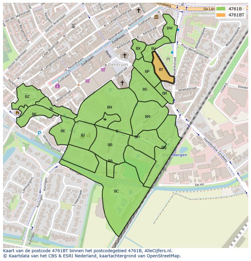 Afbeelding van het postcodegebied 4761 BT op de kaart.