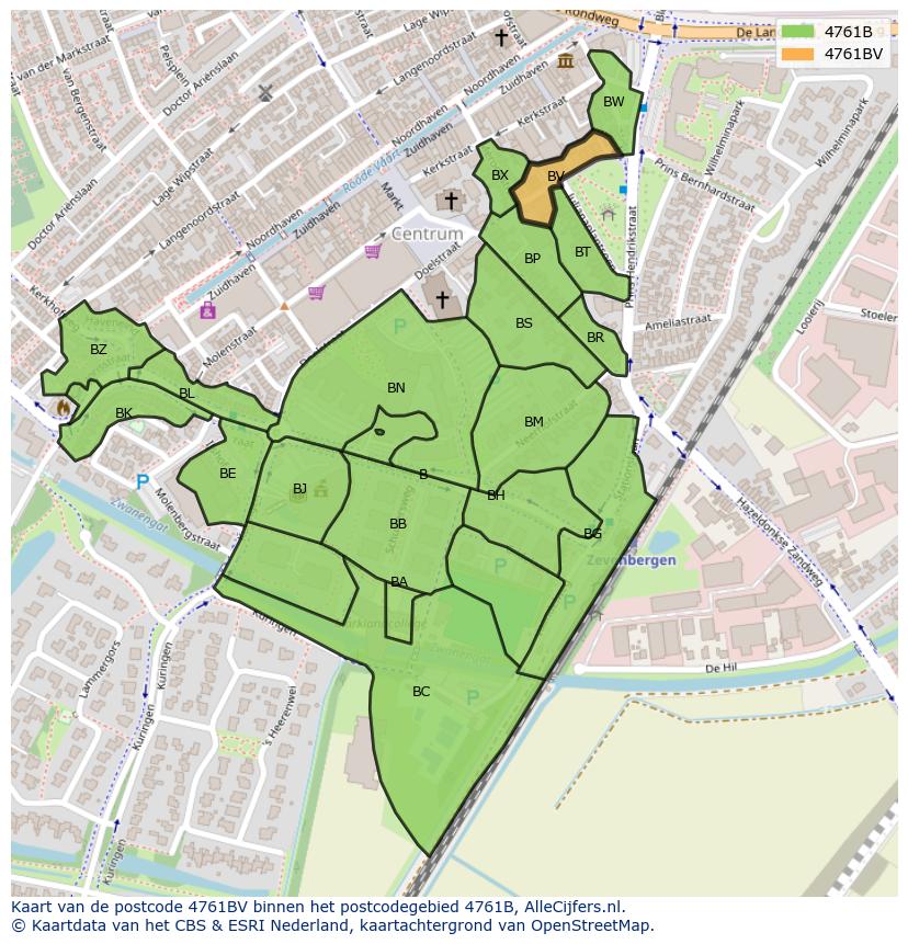 Afbeelding van het postcodegebied 4761 BV op de kaart.