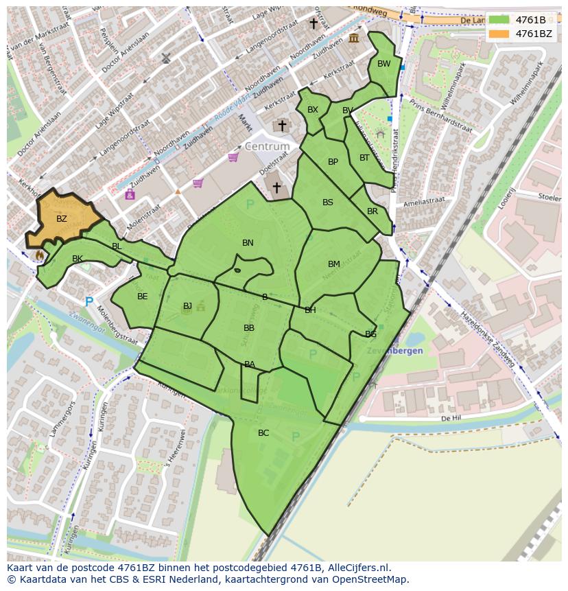 Afbeelding van het postcodegebied 4761 BZ op de kaart.