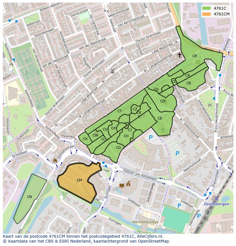 Afbeelding van het postcodegebied 4761 CM op de kaart.