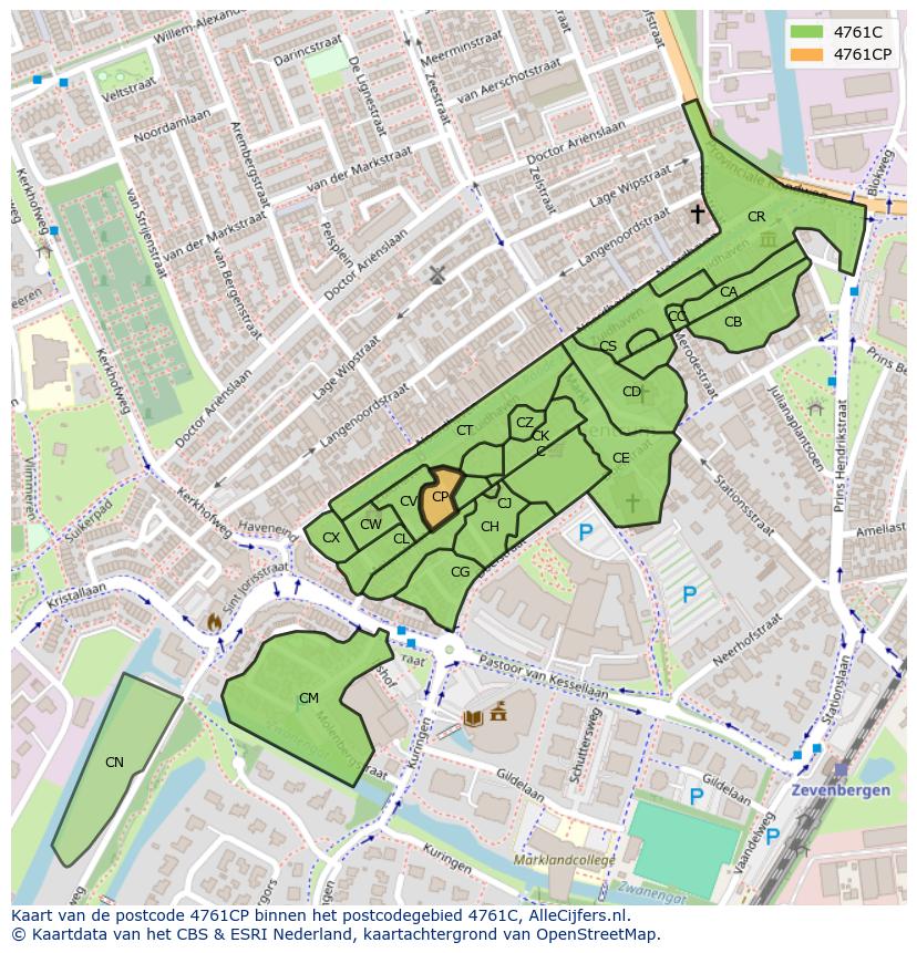 Afbeelding van het postcodegebied 4761 CP op de kaart.