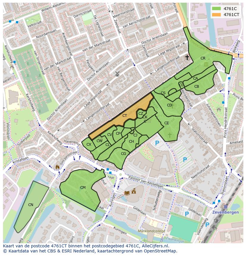 Afbeelding van het postcodegebied 4761 CT op de kaart.