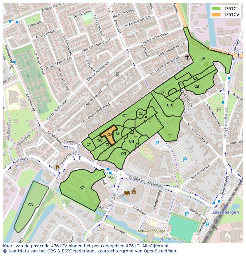 Afbeelding van het postcodegebied 4761 CV op de kaart.
