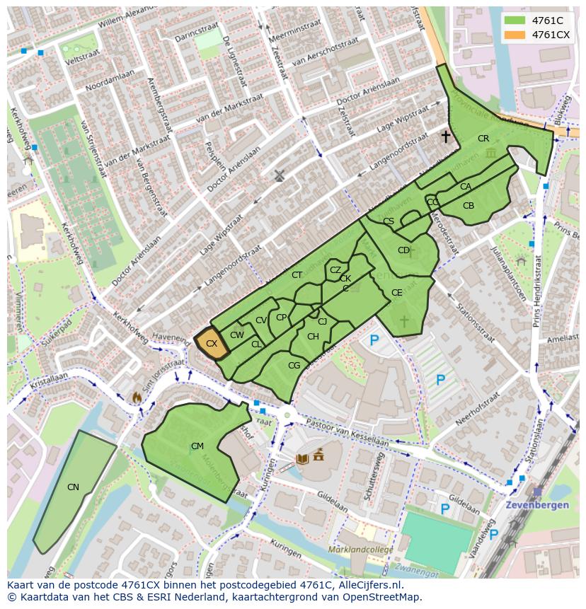 Afbeelding van het postcodegebied 4761 CX op de kaart.