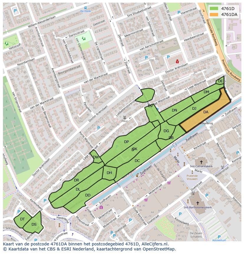 Afbeelding van het postcodegebied 4761 DA op de kaart.