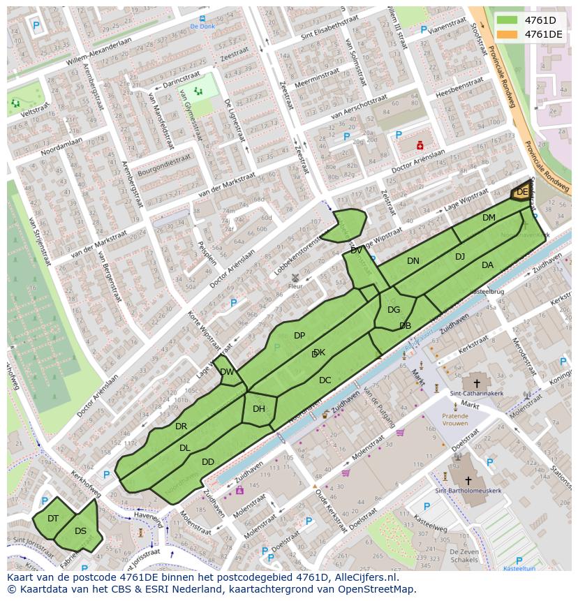 Afbeelding van het postcodegebied 4761 DE op de kaart.