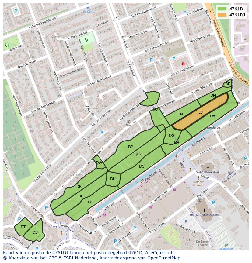 Afbeelding van het postcodegebied 4761 DJ op de kaart.