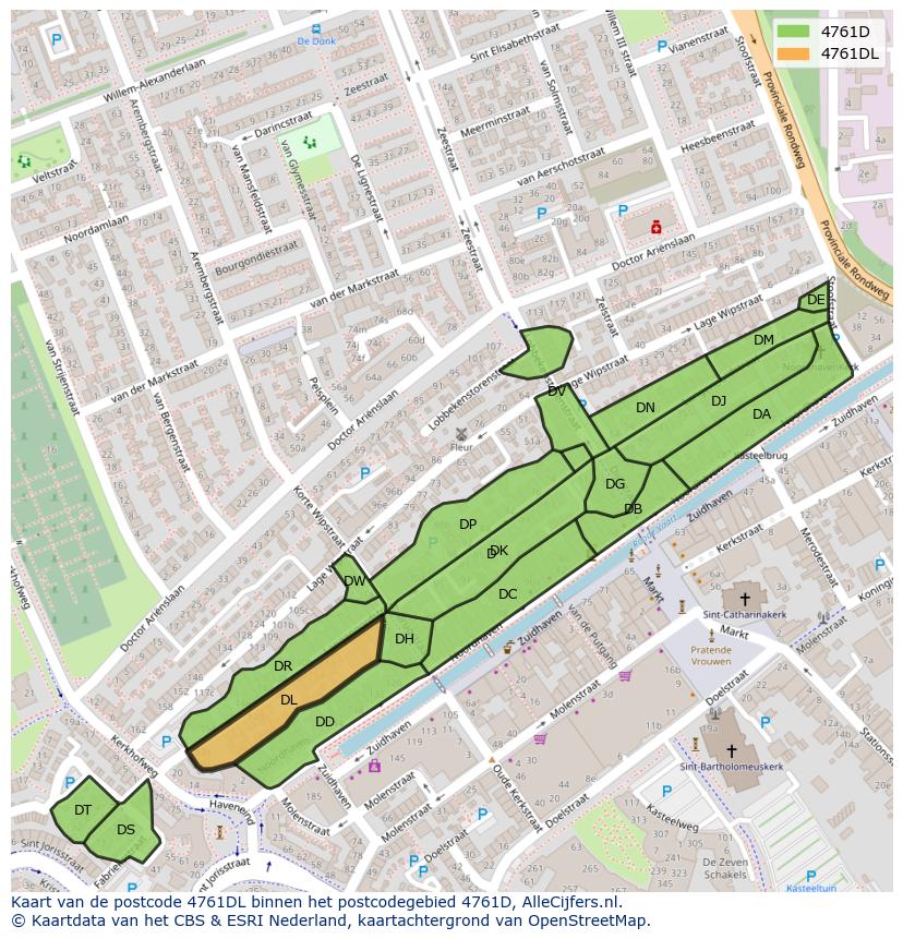 Afbeelding van het postcodegebied 4761 DL op de kaart.