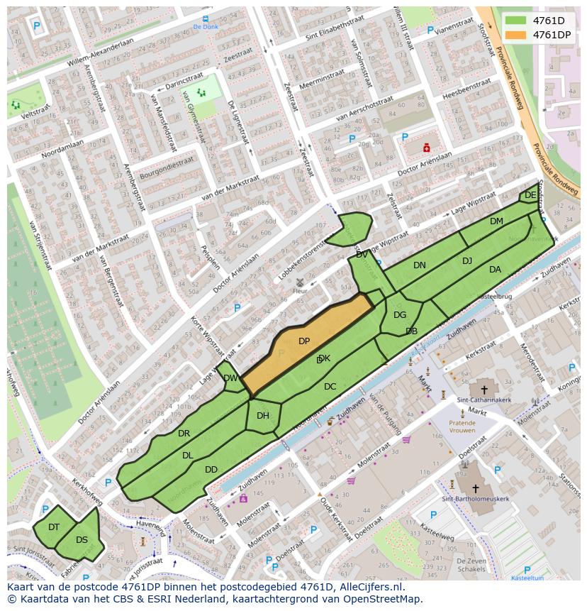 Afbeelding van het postcodegebied 4761 DP op de kaart.