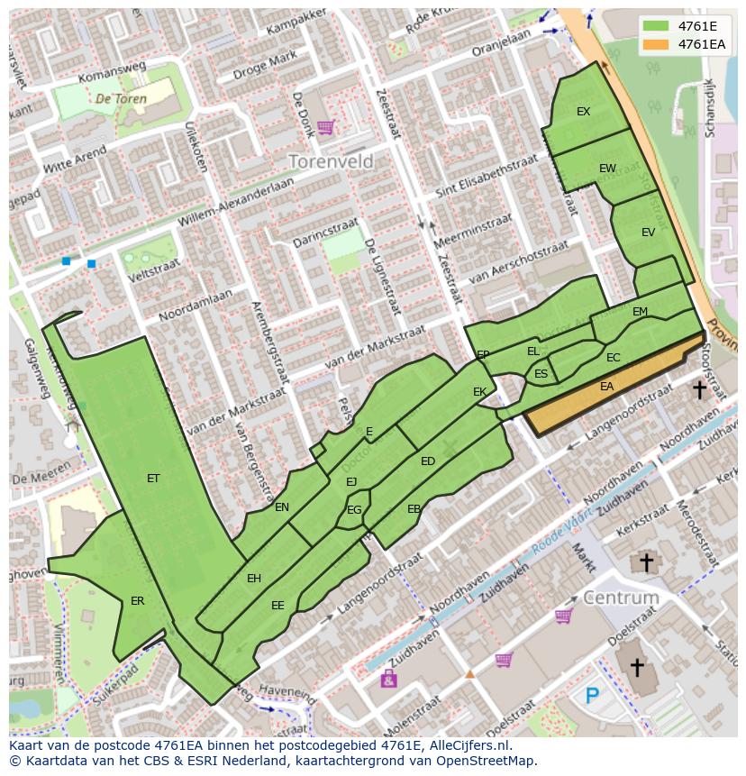 Afbeelding van het postcodegebied 4761 EA op de kaart.