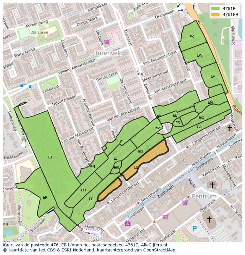 Afbeelding van het postcodegebied 4761 EB op de kaart.