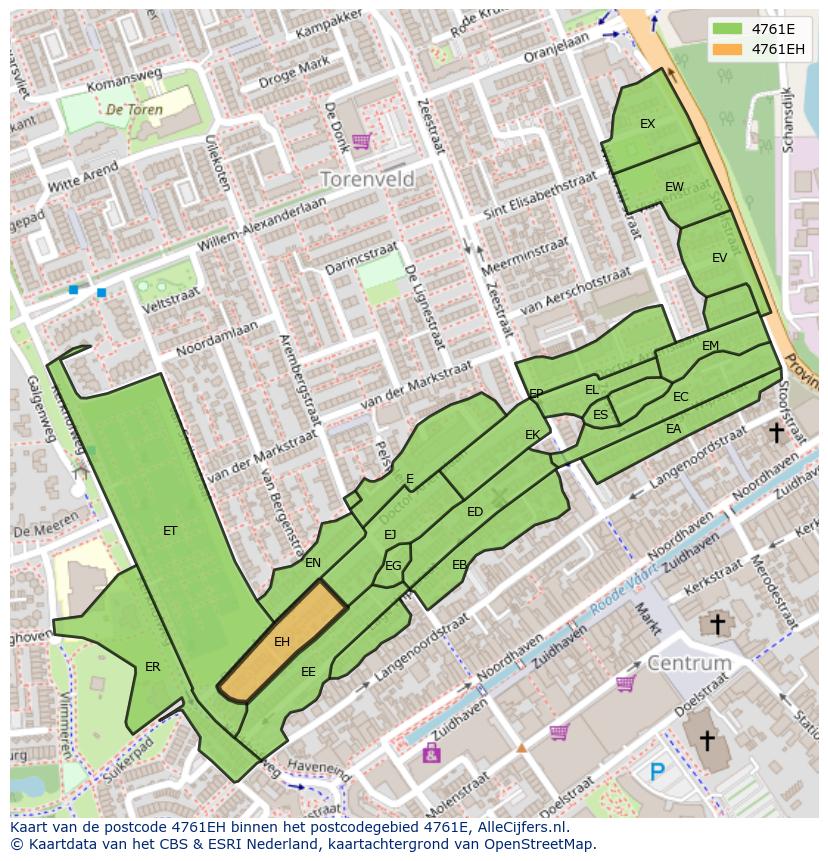 Afbeelding van het postcodegebied 4761 EH op de kaart.