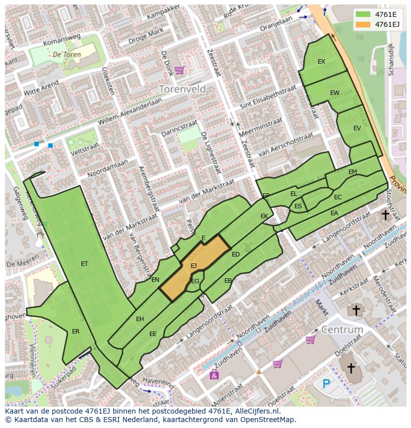Afbeelding van het postcodegebied 4761 EJ op de kaart.