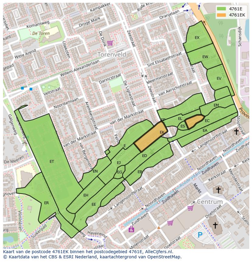 Afbeelding van het postcodegebied 4761 EK op de kaart.
