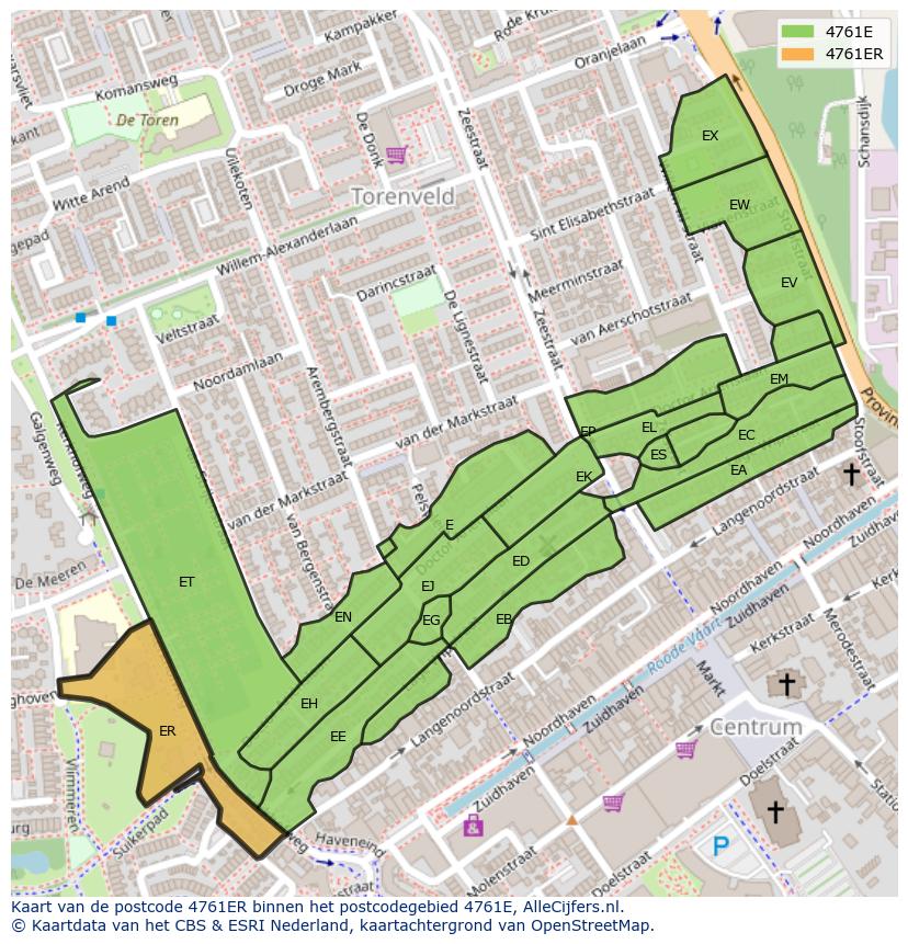 Afbeelding van het postcodegebied 4761 ER op de kaart.