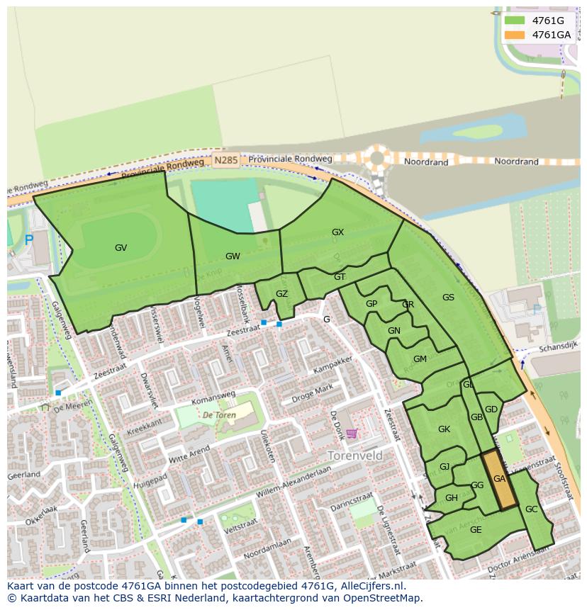 Afbeelding van het postcodegebied 4761 GA op de kaart.