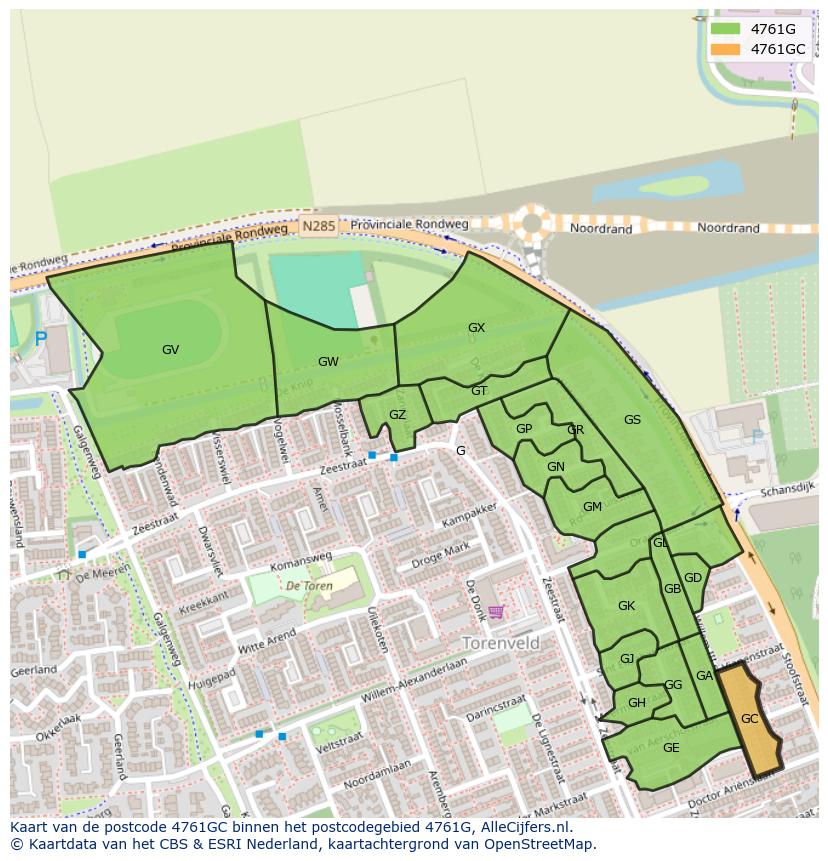 Afbeelding van het postcodegebied 4761 GC op de kaart.