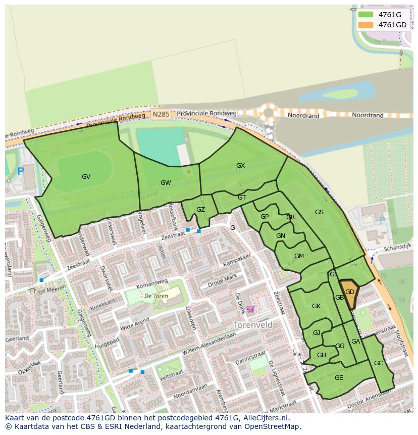 Afbeelding van het postcodegebied 4761 GD op de kaart.