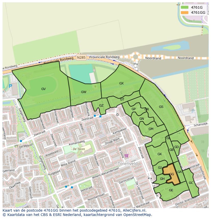 Afbeelding van het postcodegebied 4761 GG op de kaart.