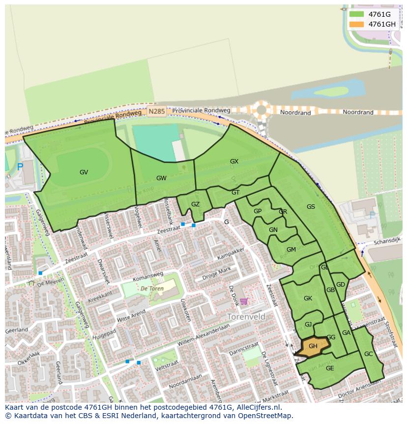 Afbeelding van het postcodegebied 4761 GH op de kaart.