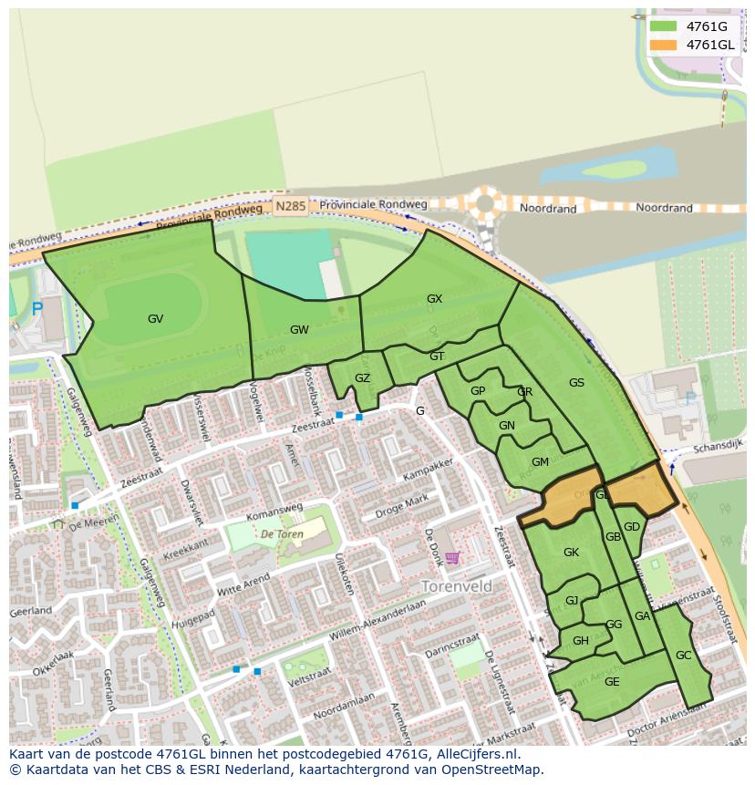 Afbeelding van het postcodegebied 4761 GL op de kaart.